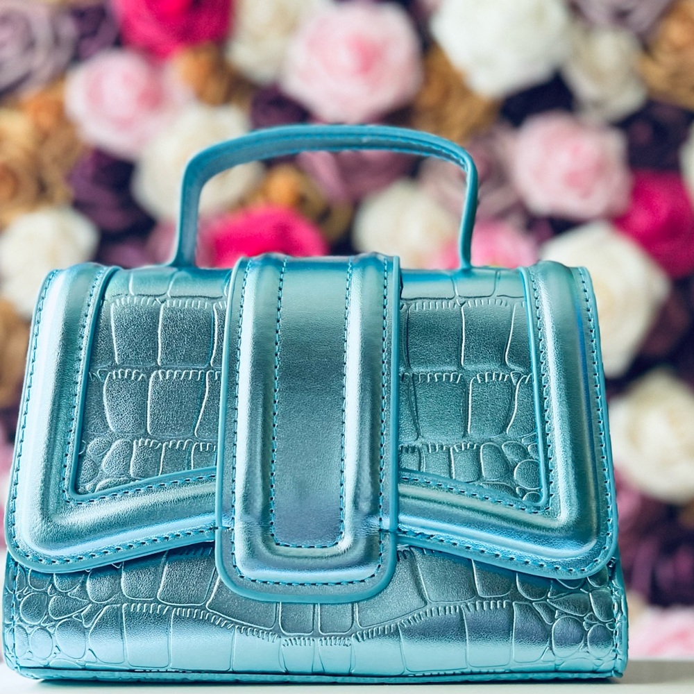 Structured Metallic Blue Croc-Embossed Top-Handle Bag